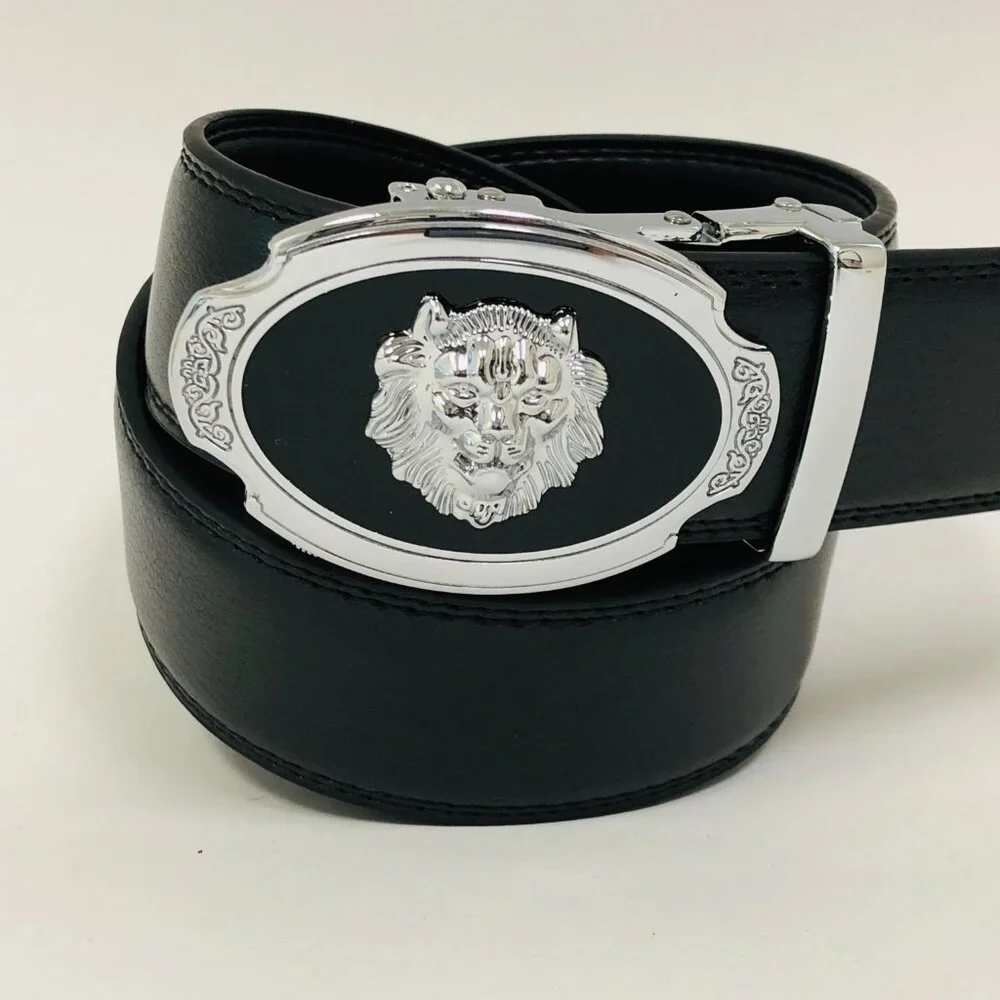 Black Leather Belt Automatic Silver Lion Head Buckle Slide Belts No Hole‎ Strep